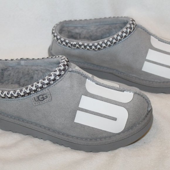 NIB UGG MEN'S TASMAN LOGO SUEDE SHEARLING SLIP‎ ON SLIPPERS GRAY - Picture 3 of 8